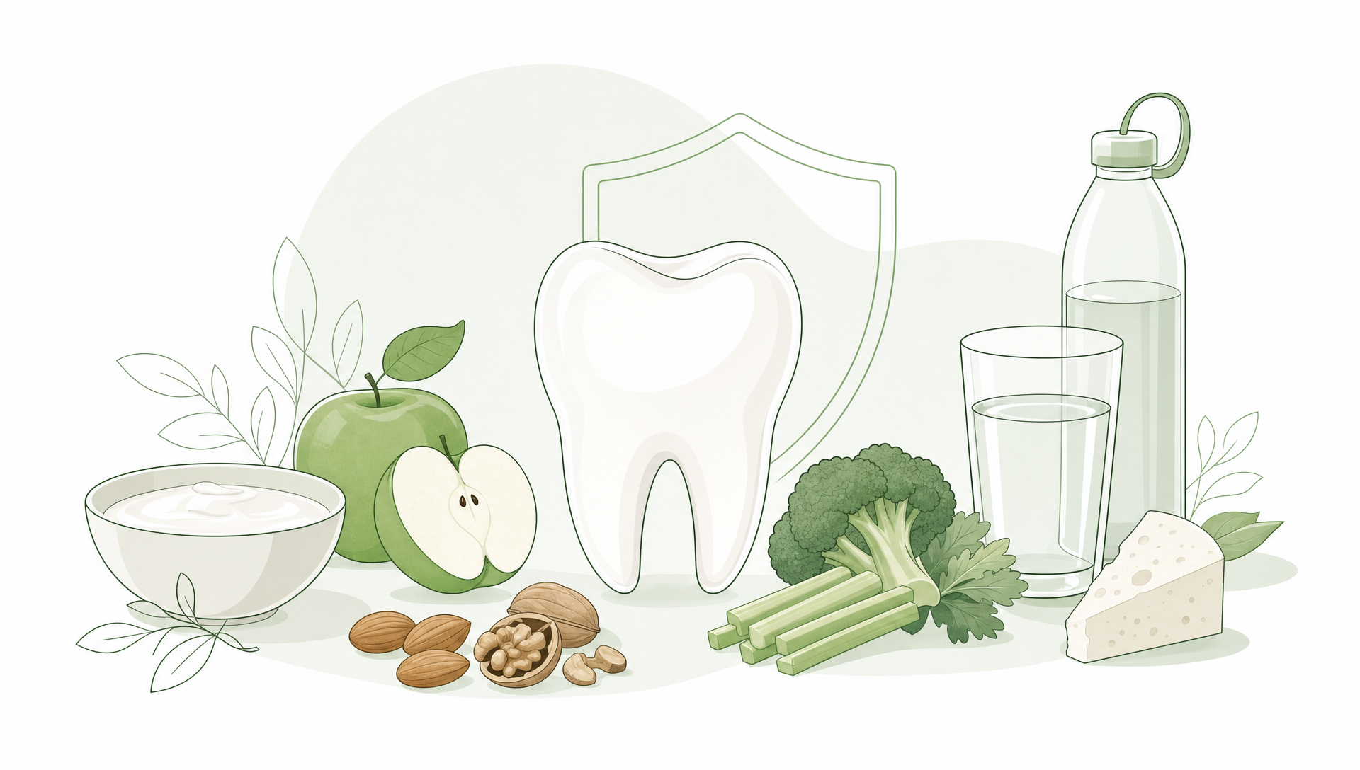 A bathroom countertop with a toothbrush, dental floss, fluoride toothpaste, a glass of water and fresh fruit arranged to represent simple everyday dental habits for healthy smiles.