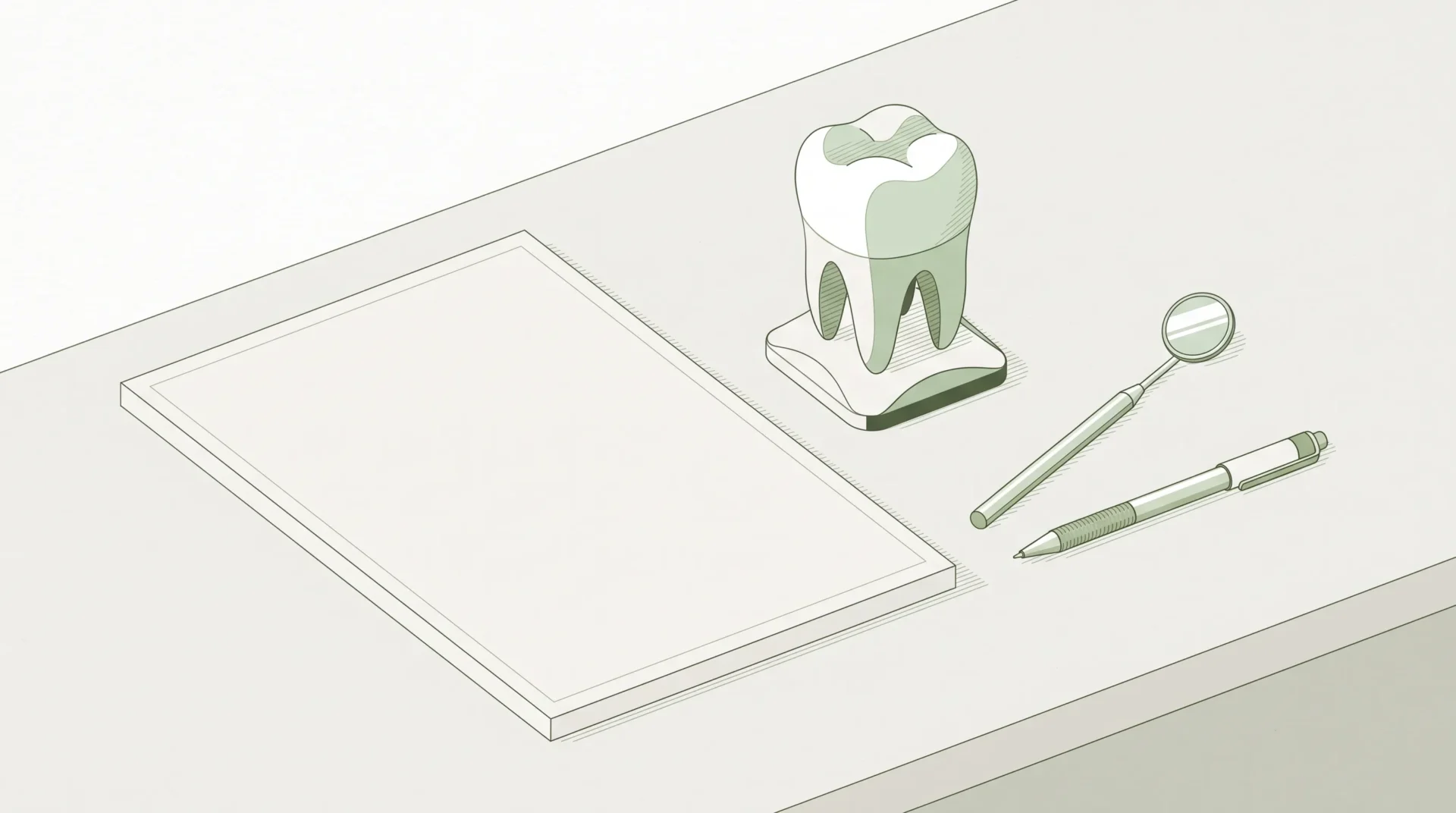 A blank treatment estimate beside a tooth model, dental mirror and pen on a consultation desk.