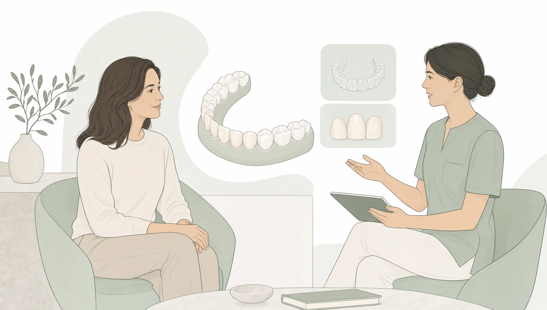 A calm adult patient and a dental professional seated in a simple consultation moment beside a simplified dental arch and subtle treatment planning shapes. Premium landscape editorial vector illustration, predominantly white, with restrained sage green accents, pale sage mist and soft sage panels, fine deep sage linework, warm porcelain tones for teeth only, and minimal soft stone details.