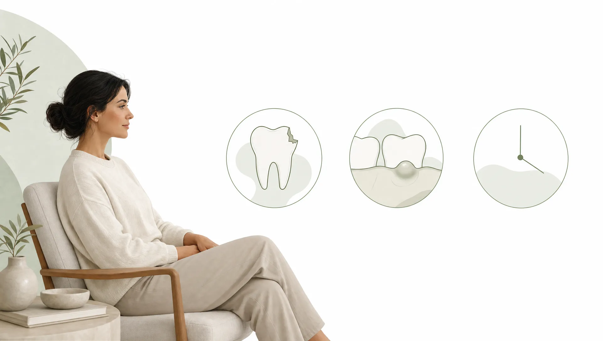 A calm adult sits beside a chipped tooth, swelling shape and clock symbols for deciding when to see a dentist in Ettalong Beach.