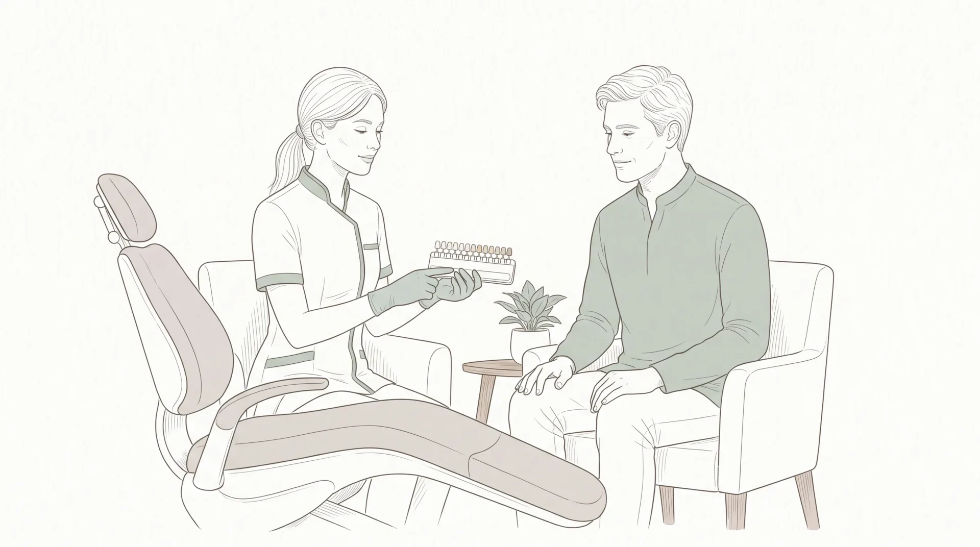 A calm dental consultation showing a dentist discussing a shade guide with a patient beside a dental chair.