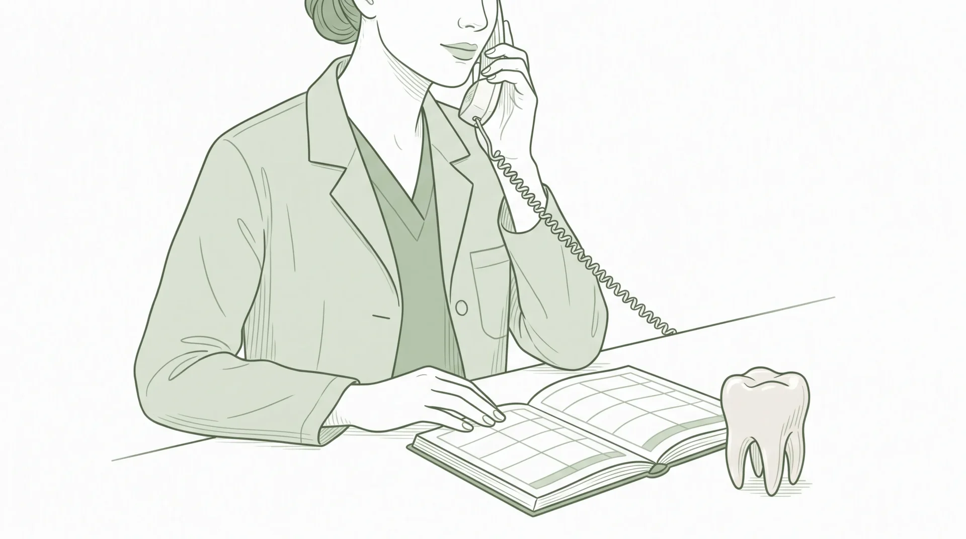 A calm dental professional in clinical attire speaks on the phone beside an appointment book and a tooth model.