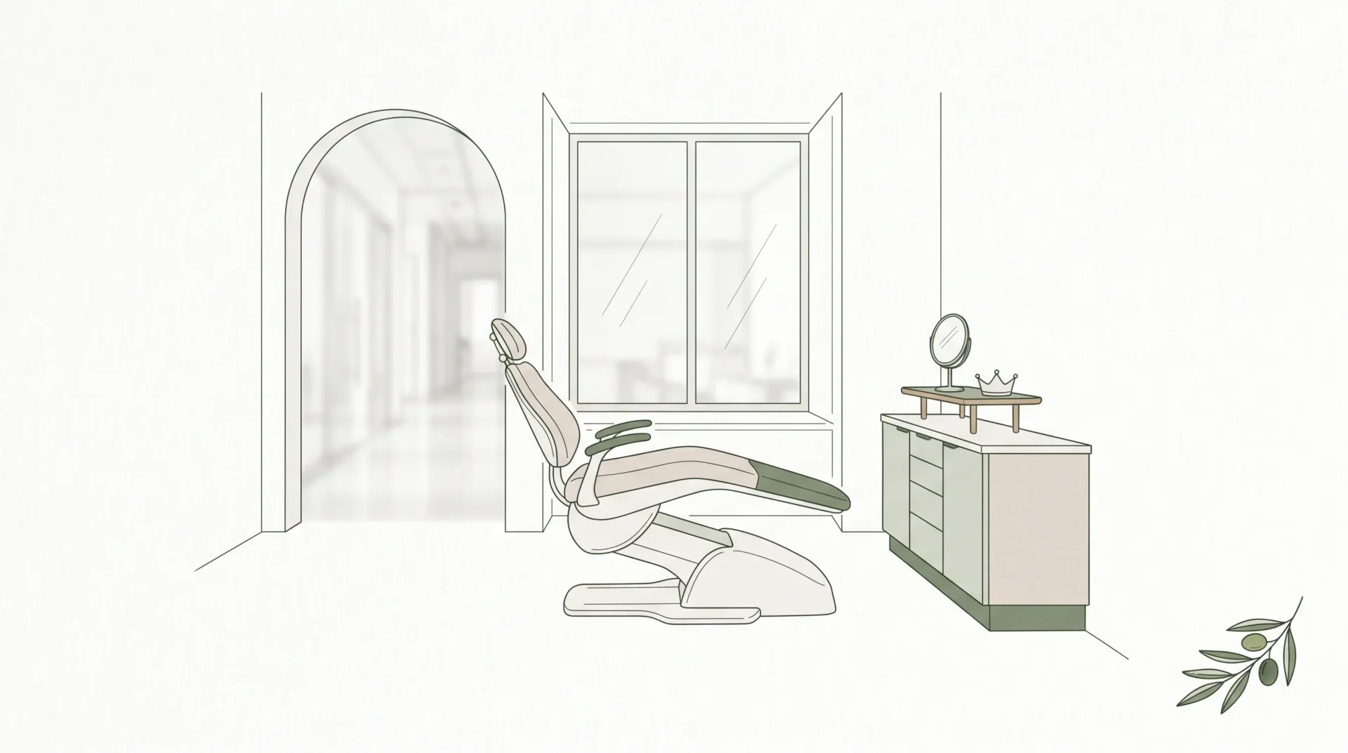 A calm dental treatment room shows a chair, cabinet and tray table for implant and veneer care.