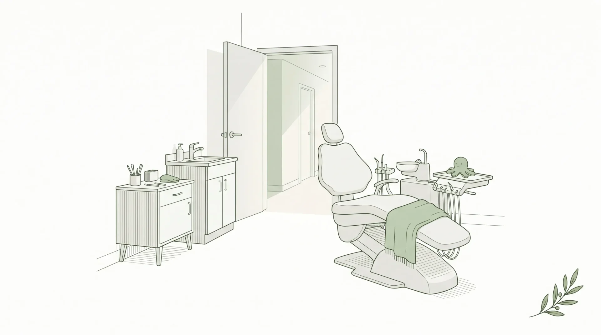 A calm family dental centre room is set up for a sensory-aware child visit.