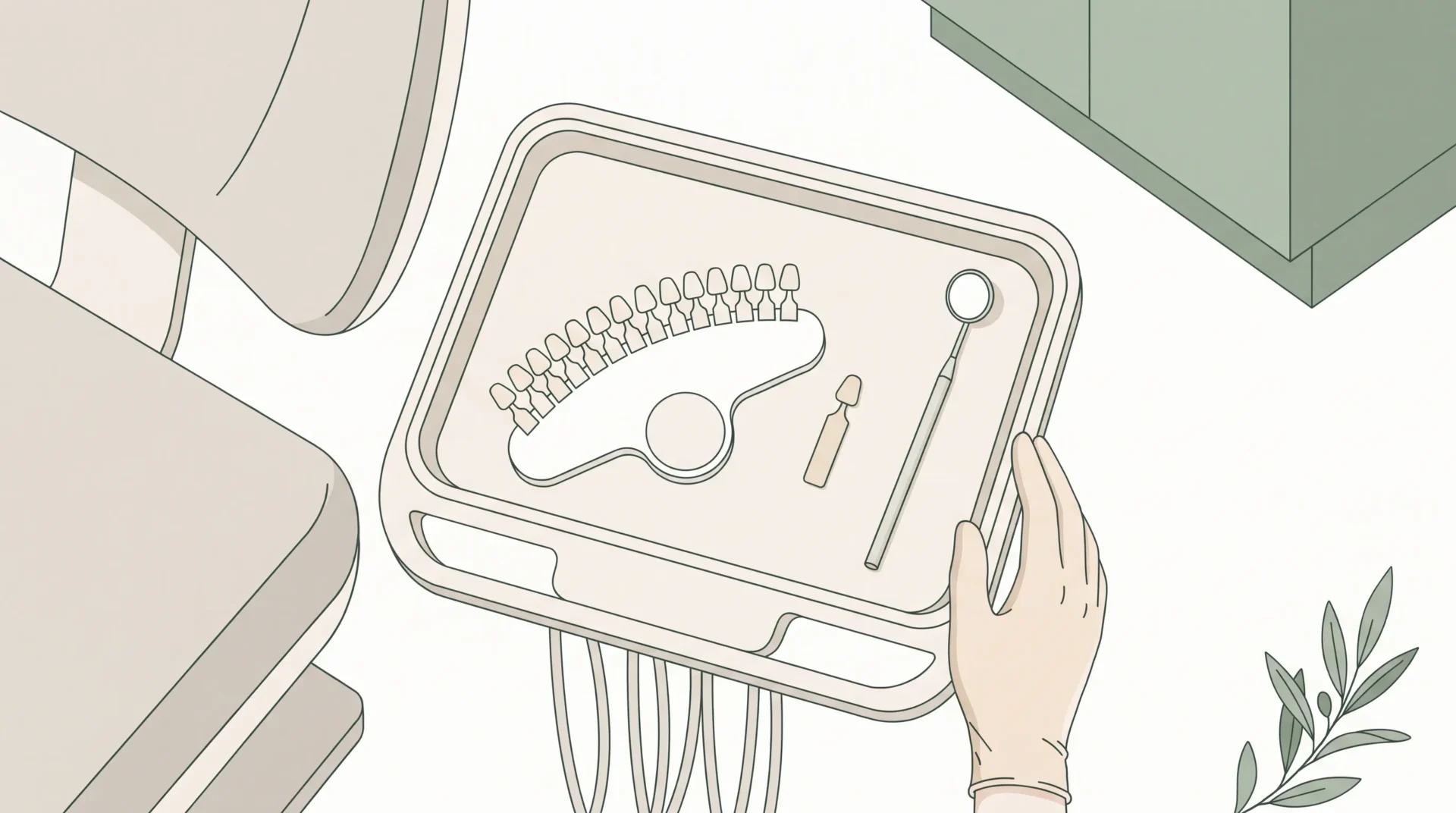 A chairside tray holds a shade guide, a tooth-colour sample and a dental mirror for cosmetic planning.