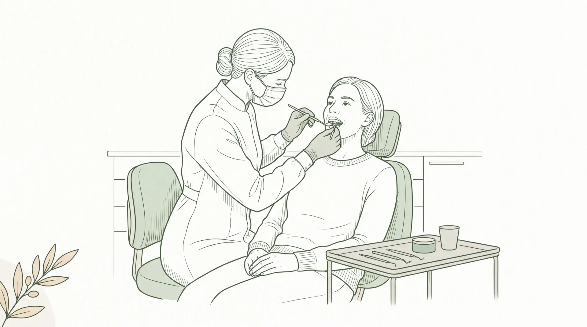 A clinician examines an adult patient carefully beside a dental chair during a gentle visit.