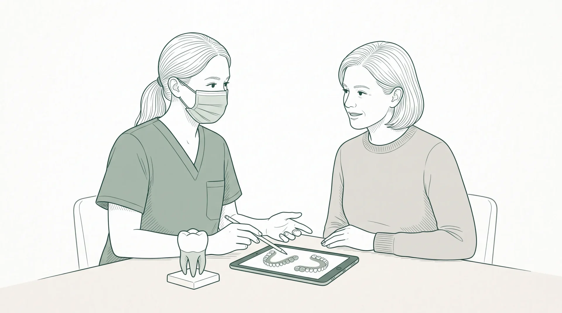 A dental professional in clinical attire calmly discusses a treatment plan with an adult patient, with a tooth crown on the table suggesting specialist dental care.