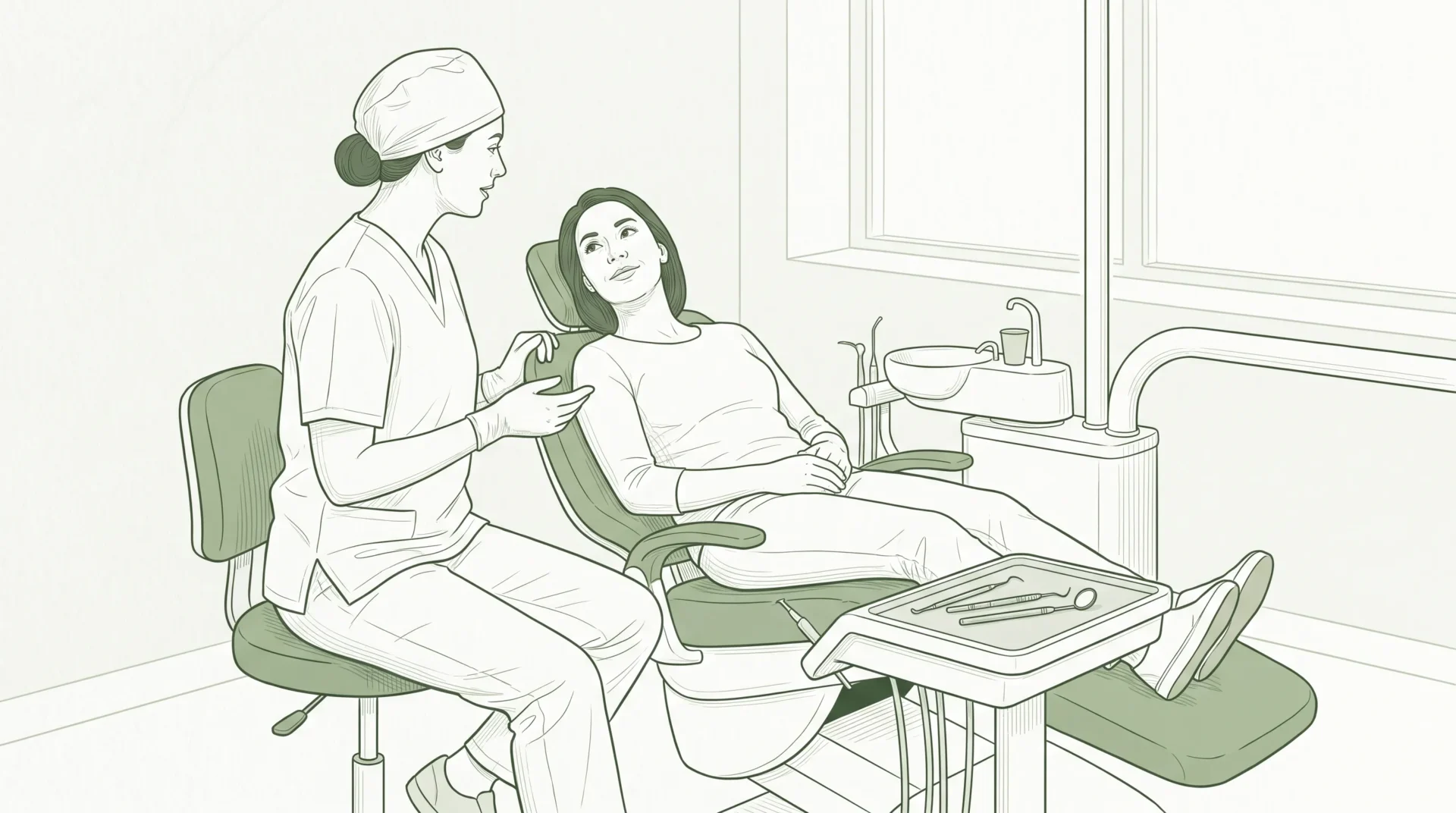 A dental professional in clinical attire speaks with an adult patient in the chair during a first visit, with a dental mirror on the tray nearby.