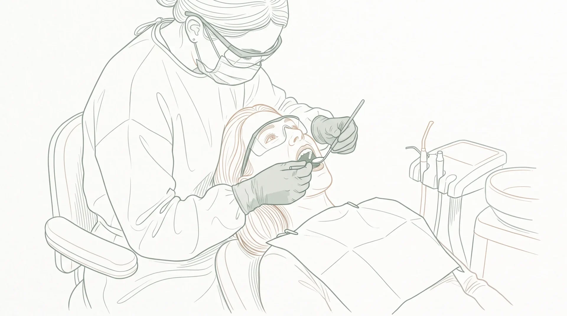A dental professional in PPE assesses an adult patient in a dental chair during an urgent visit.