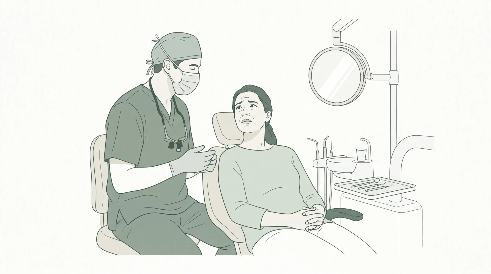 A dental professional in PPE speaks calmly with an anxious adult patient seated in a chair beside a side tray and mirror.