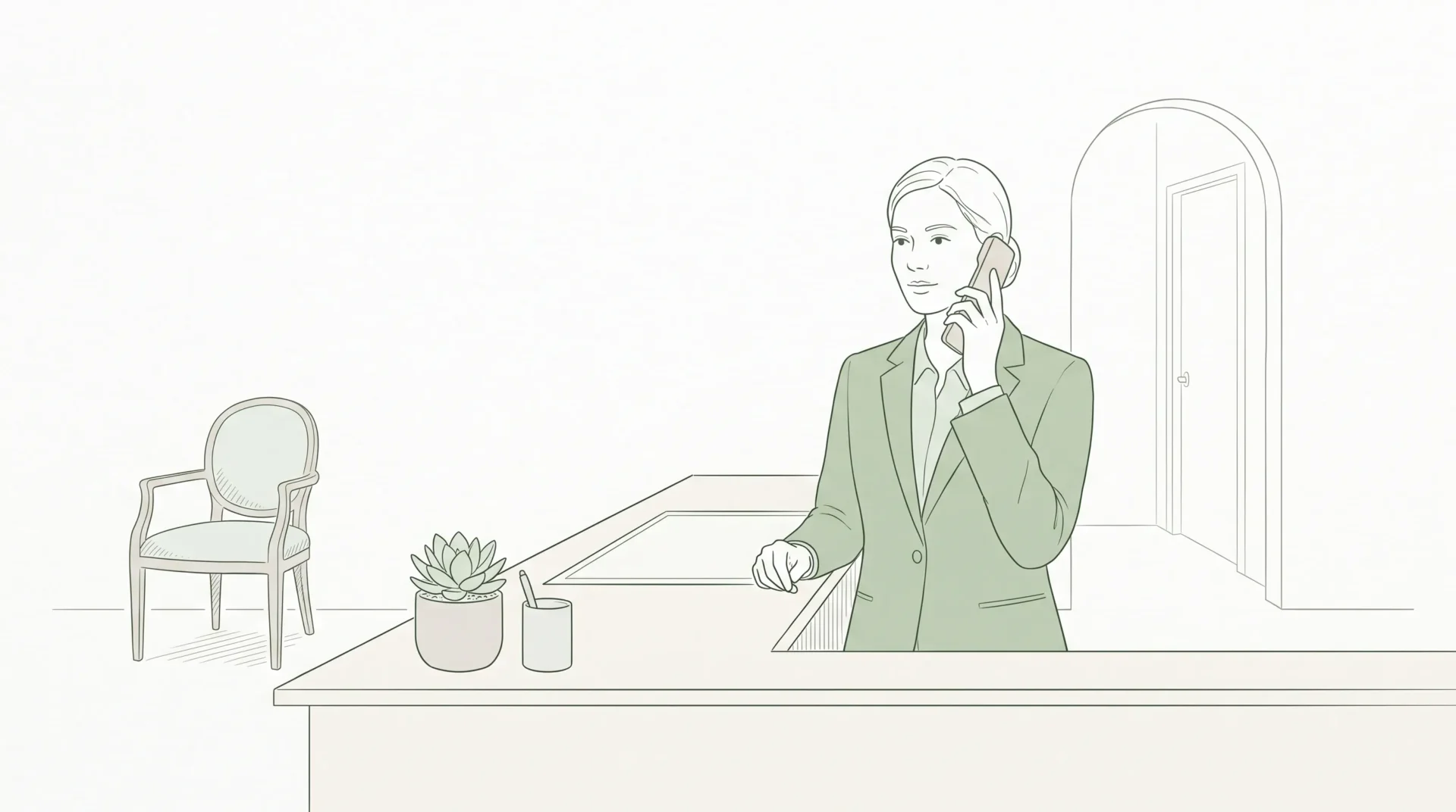 A dental receptionist makes a phone call at the front desk, suggesting checking for an appointment today.