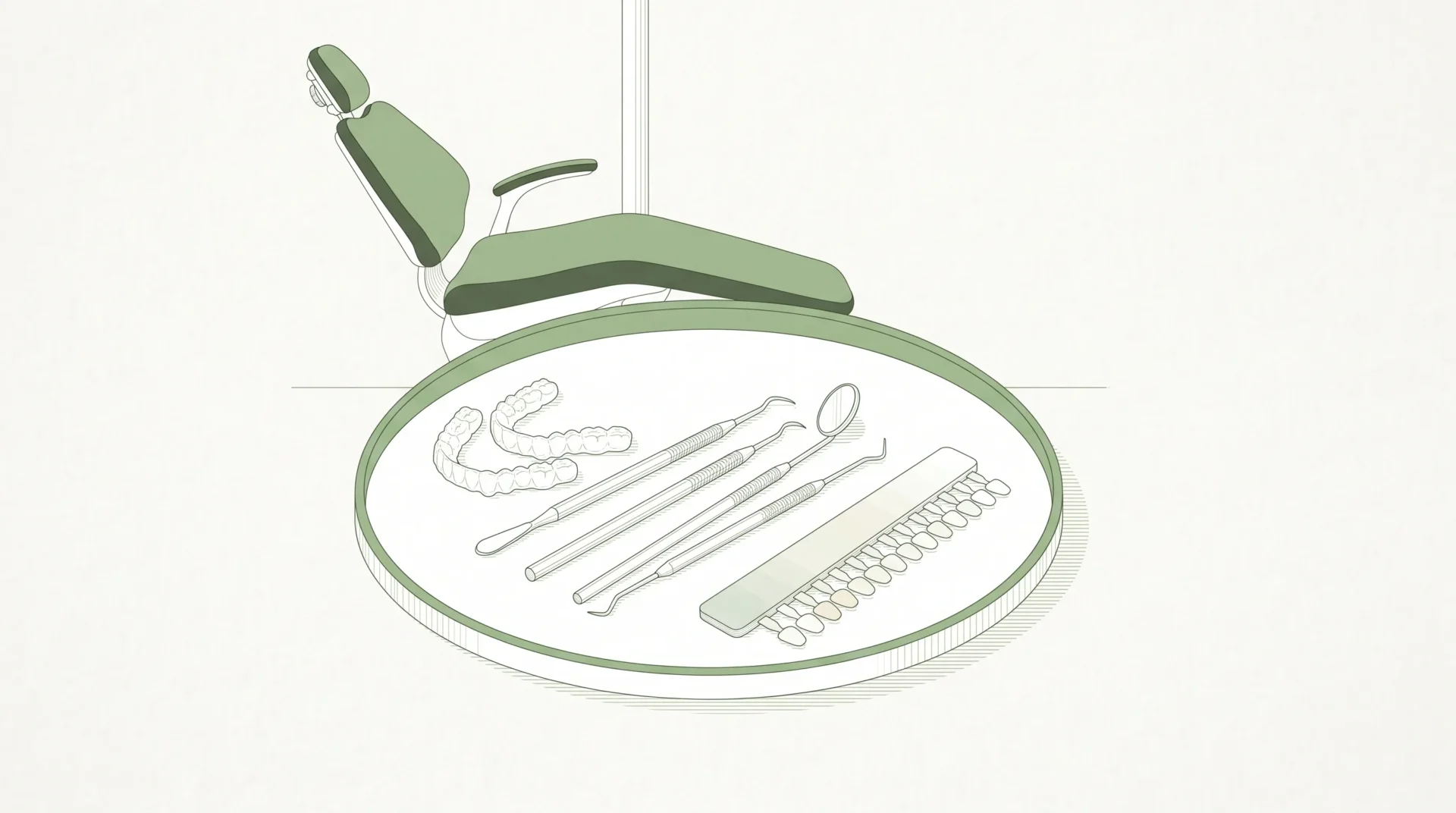 A dental tray with cleaning instruments, a shade guide and whitening trays beside a chair, showing the difference between cleaning and whitening.