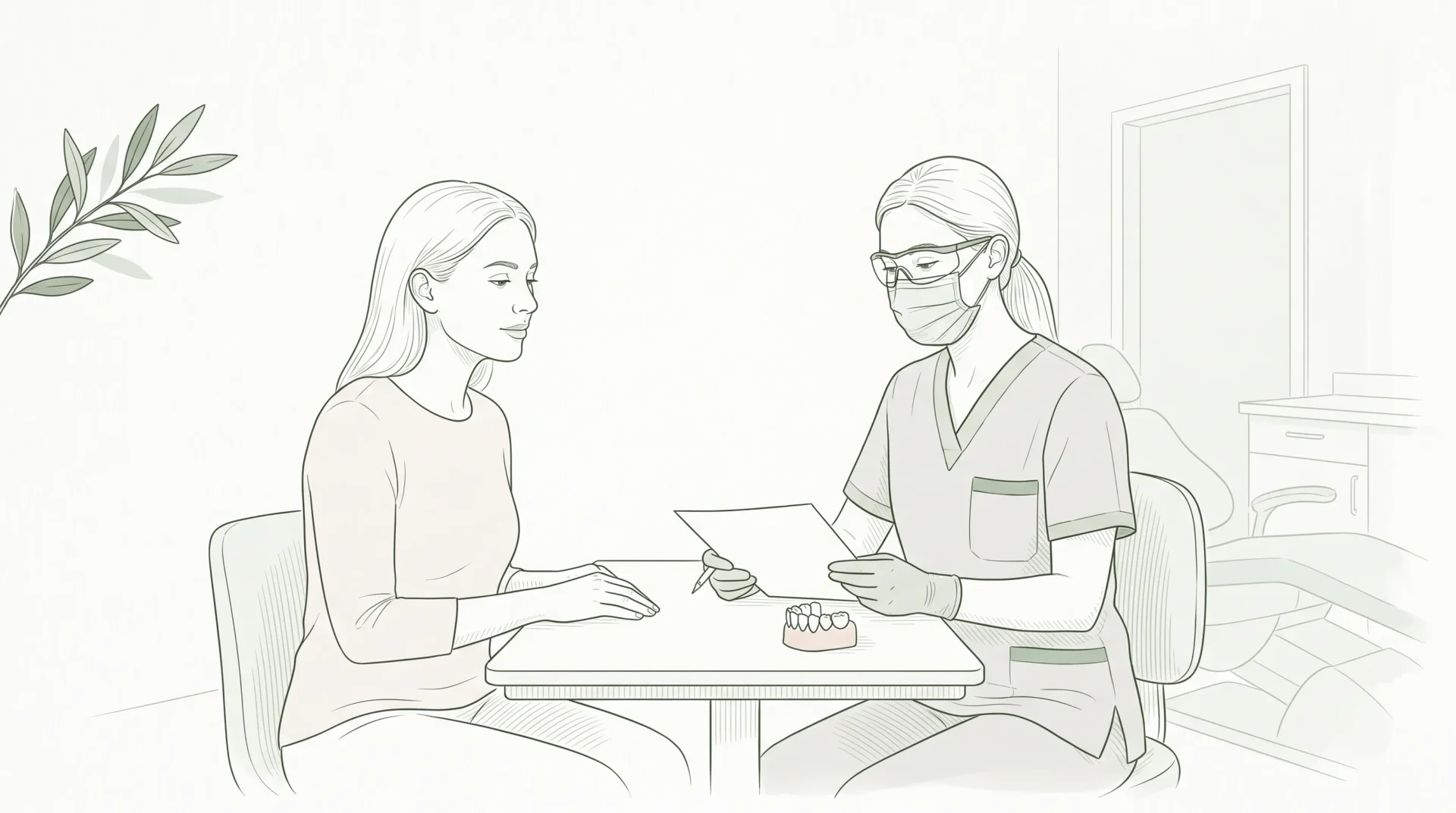 A dentist and adult patient review cosmetic dental options at a small table, with a tooth model and blank estimate sheet between them.