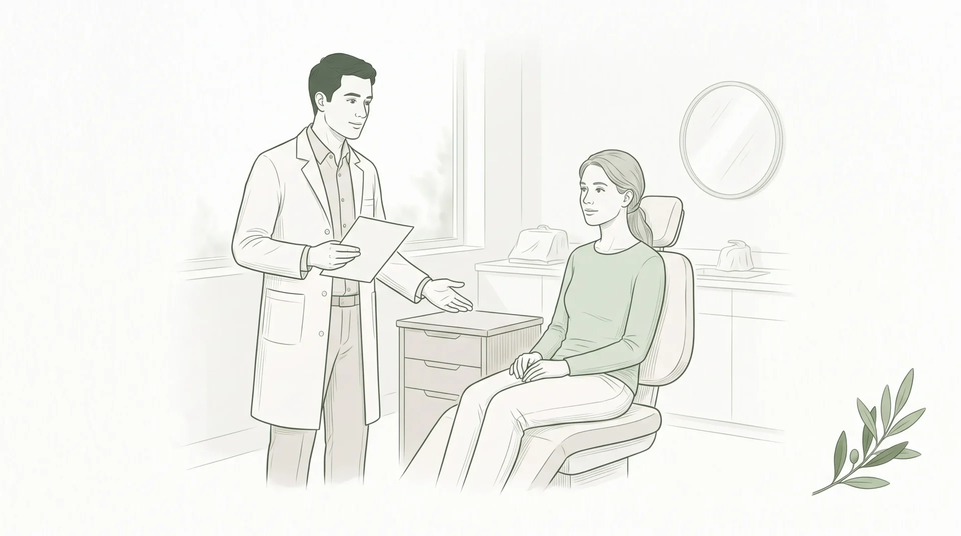 A dentist and patient discuss a referral beside a treatment chair in a calm clinic room.