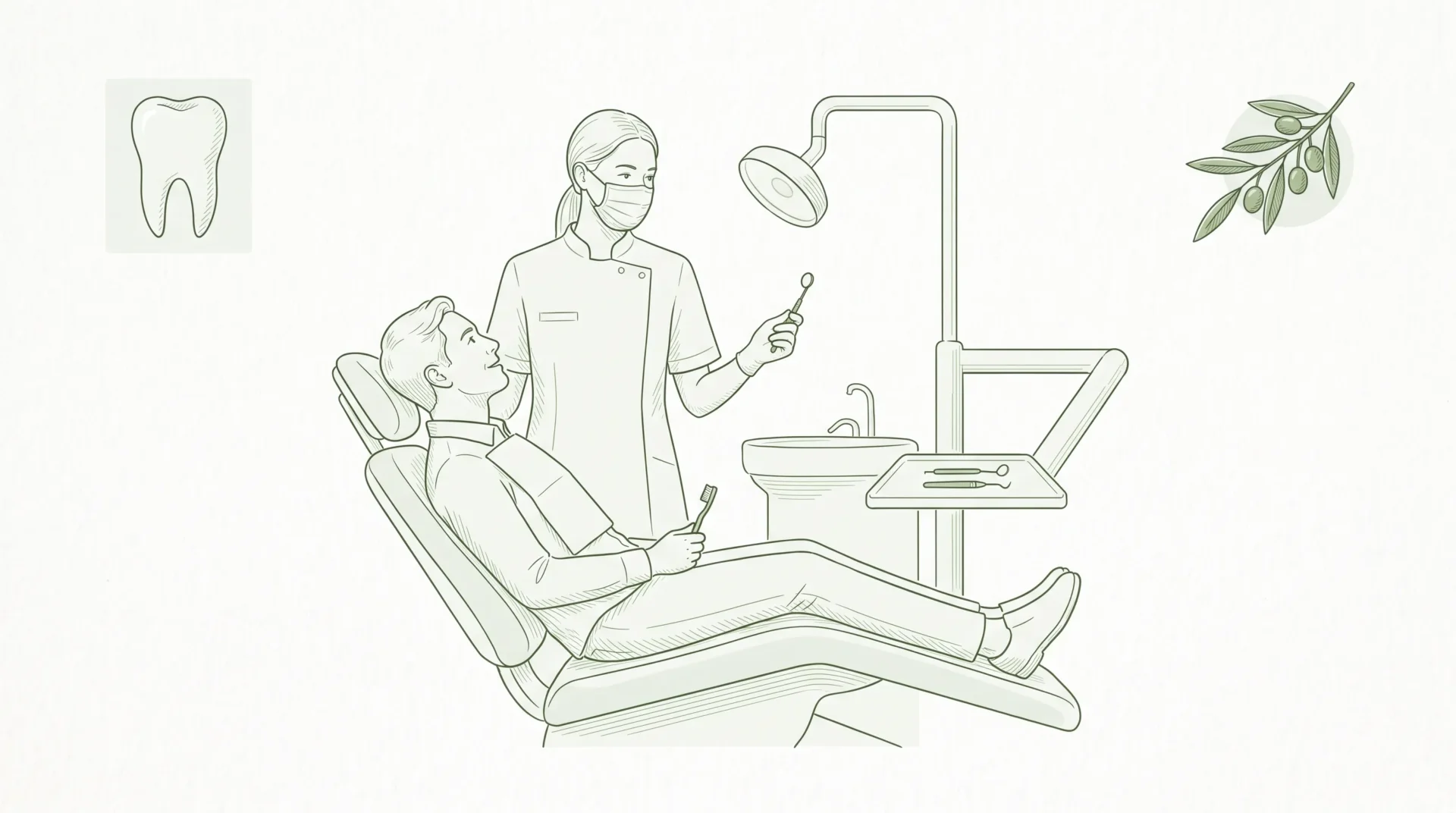 A dentist and patient discuss dental care beside a dental chair, with a simple tooth inset and a small olive branch accent.