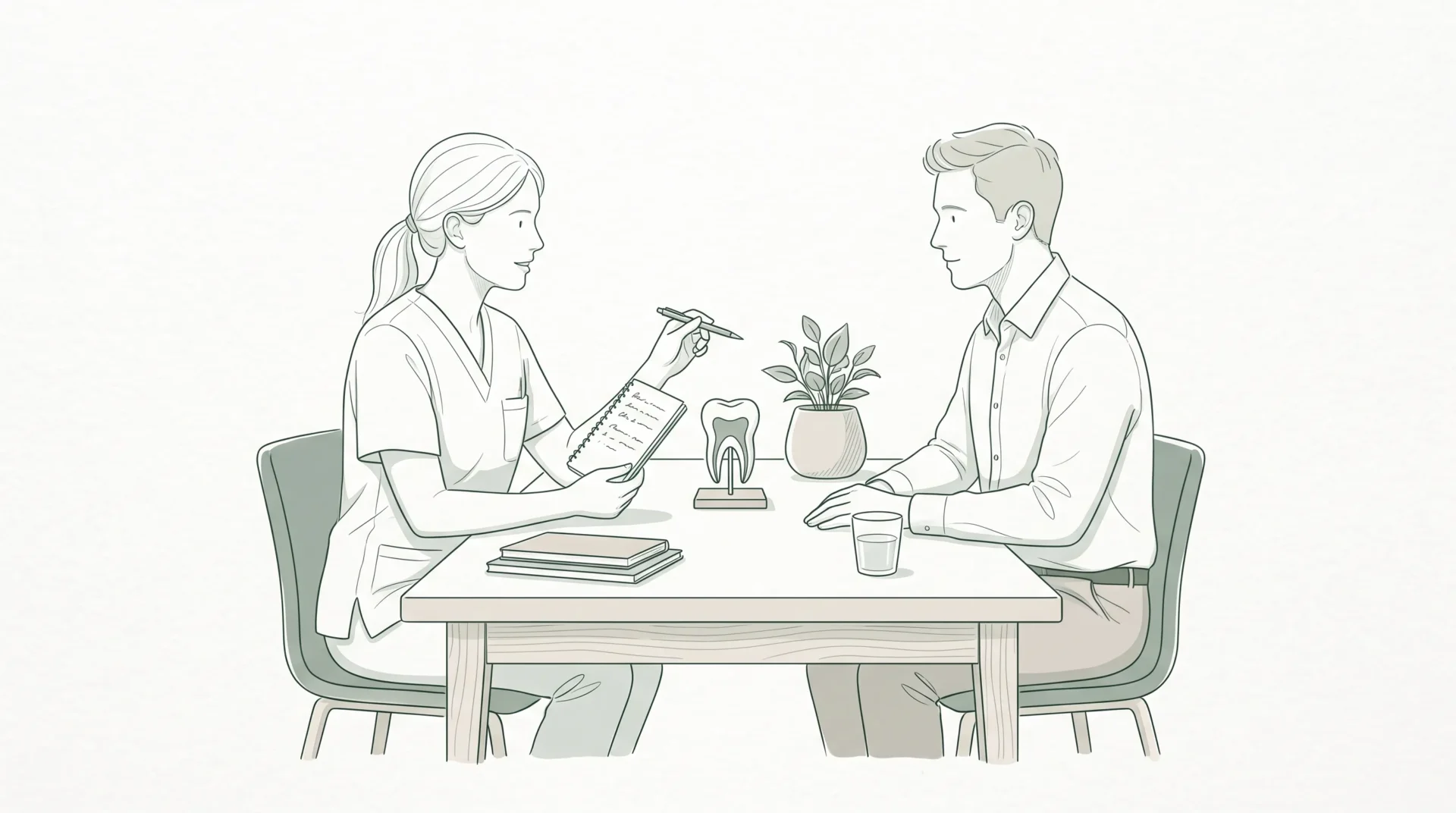 A dentist and patient discussing follow-up care at a consultation table with notes and a tooth model.