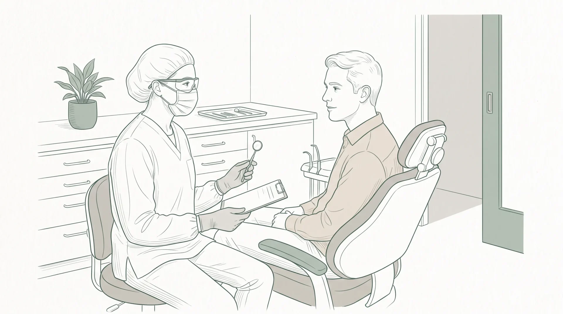 A dentist and patient discussing ongoing care in a treatment room with a mirror and record sheet.