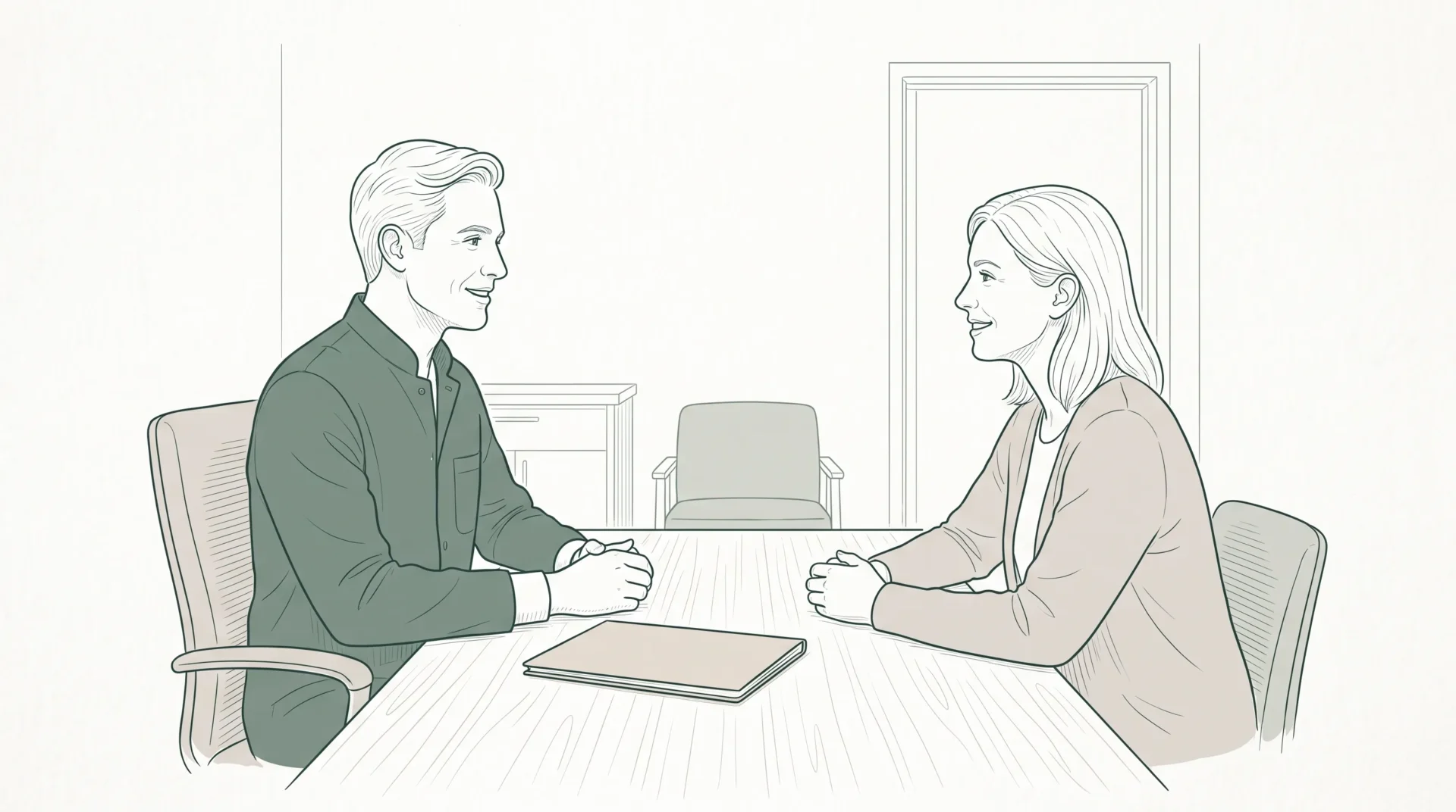 A dentist and patient talk across a consultation desk about a specialist referral.