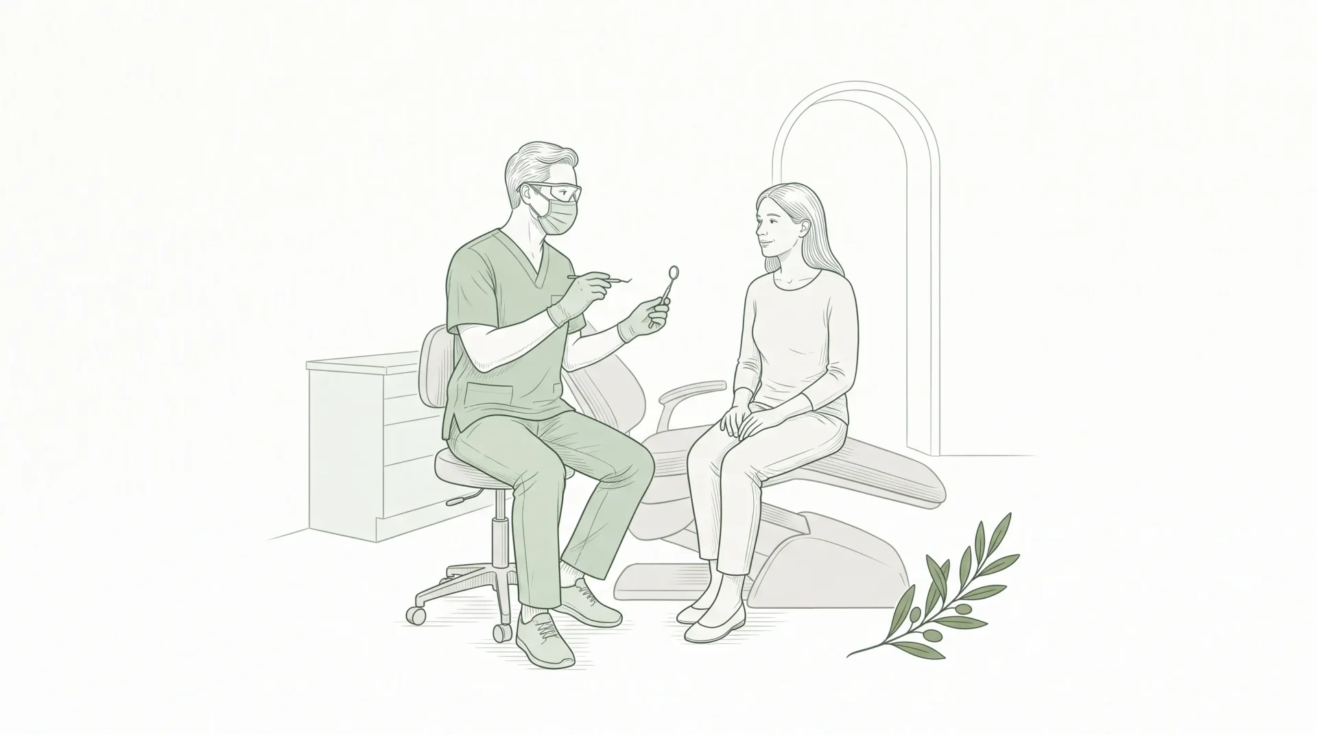 A dentist and patient talk beside a dental chair during a check-up, with a mirror in hand and a calm clinic room behind them.
