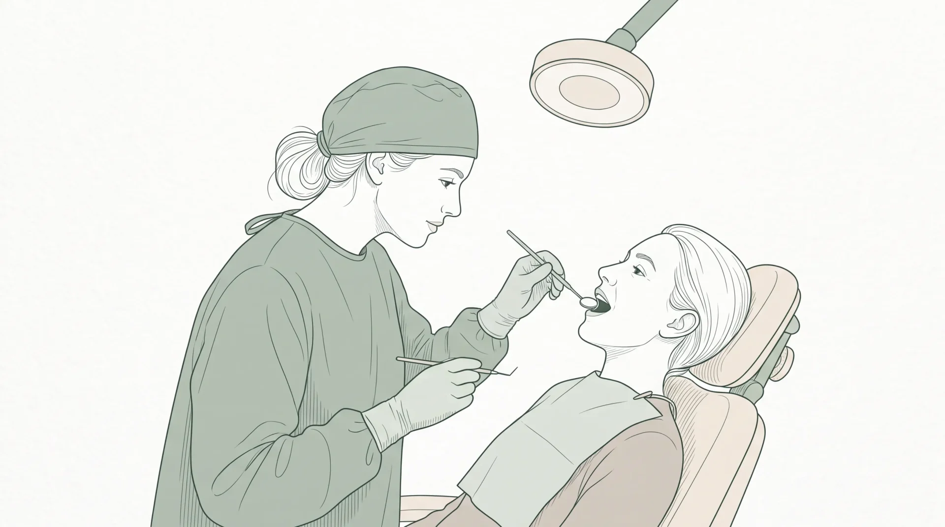 A dentist checks the back molars of an adult patient with a mirror during a wisdom tooth exam.