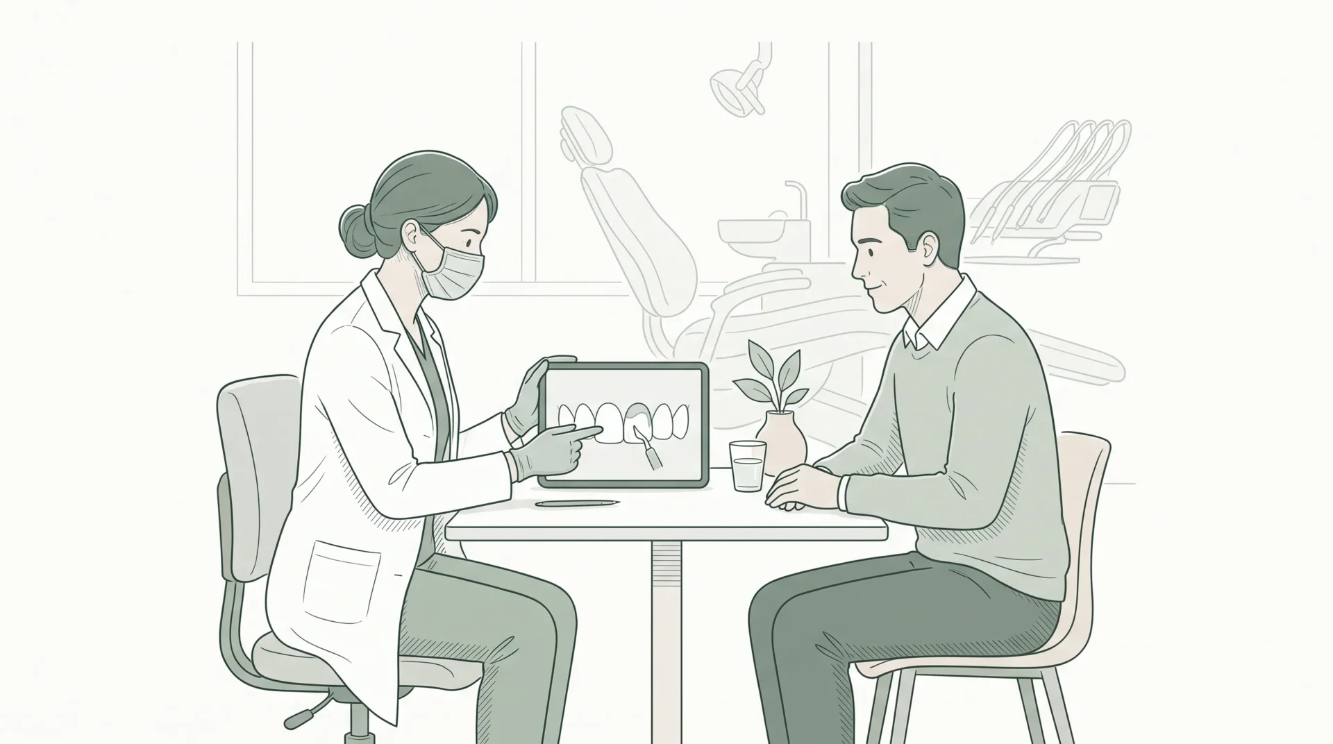 A dentist discusses cosmetic bonding with an adult patient beside a close-up of front teeth and composite resin shaping.