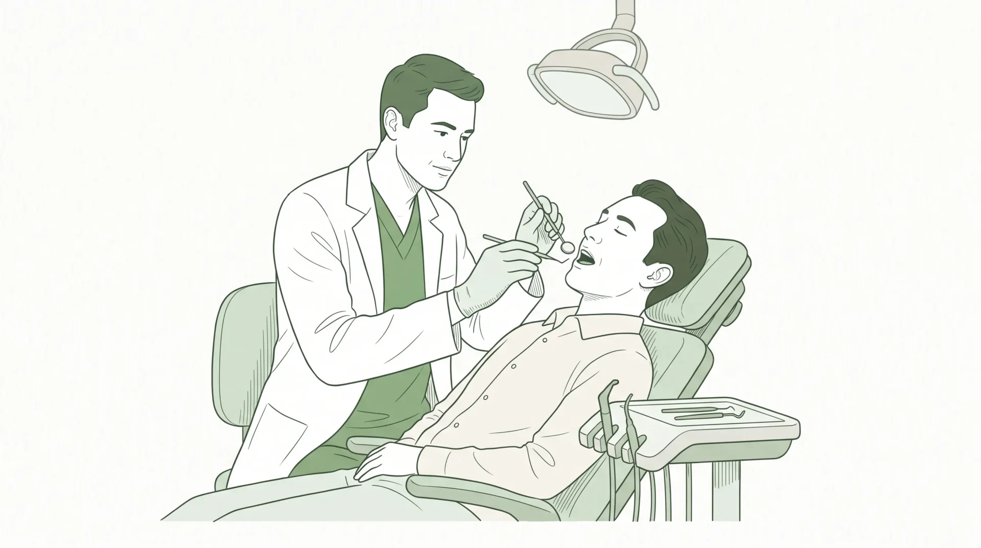 A dentist examines a reclining adult patient with a small mirror during a routine check-up.