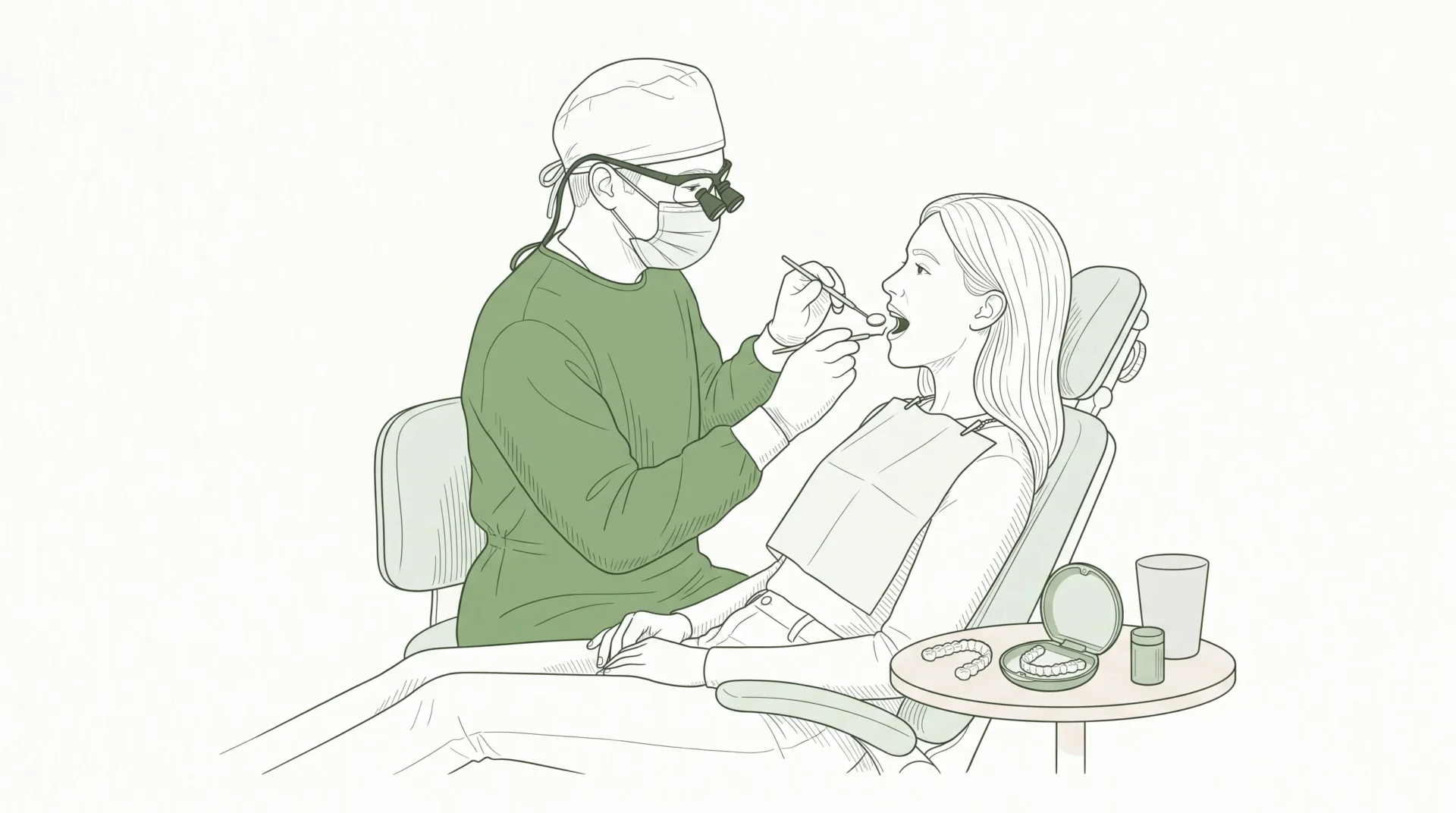 A dentist examines a seated patient beside a clear aligner case, showing general dentistry and orthodontics working together.