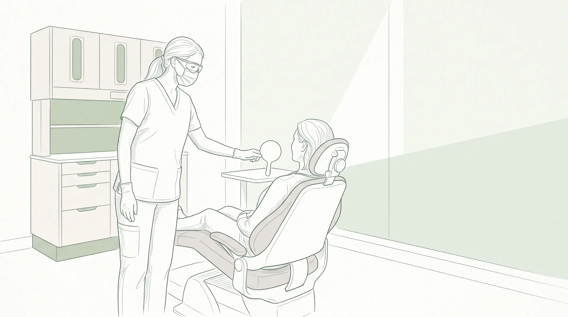 A dentist explains whitening options to a seated patient with a shade guide beside them in a clinic room.