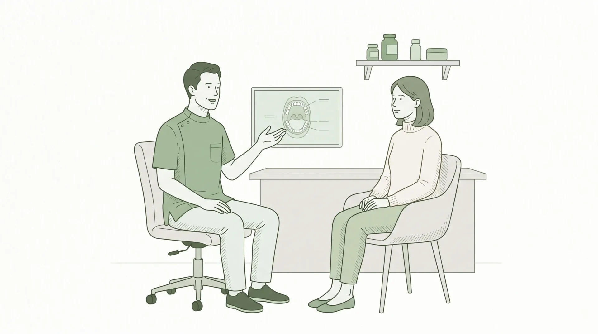 A dentist in a clinical tunic speaks with an adult patient in an uncluttered consultation room, both seated calmly with complete facial features.