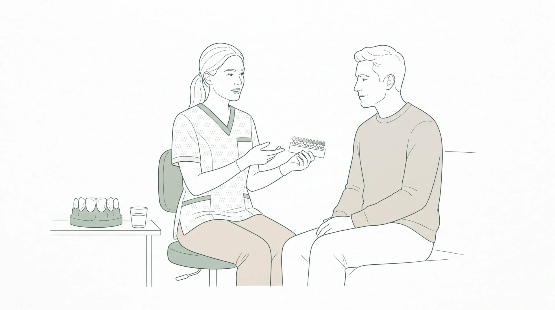 A dentist in clinical attire discusses composite bonding with an adult patient, with front teeth and a small shade guide nearby.