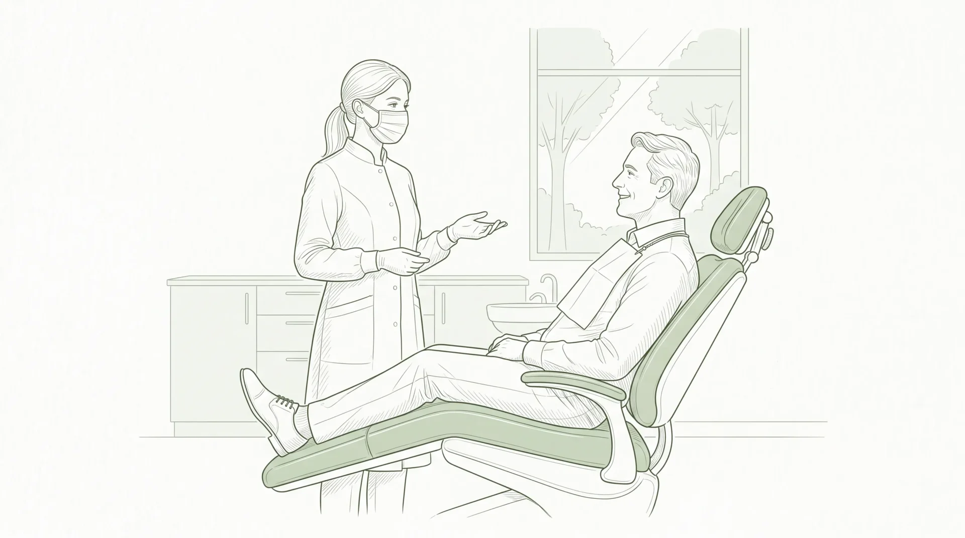 A dentist in clinical attire speaking with an adult patient beside a dental chair in a calm clinic setting.