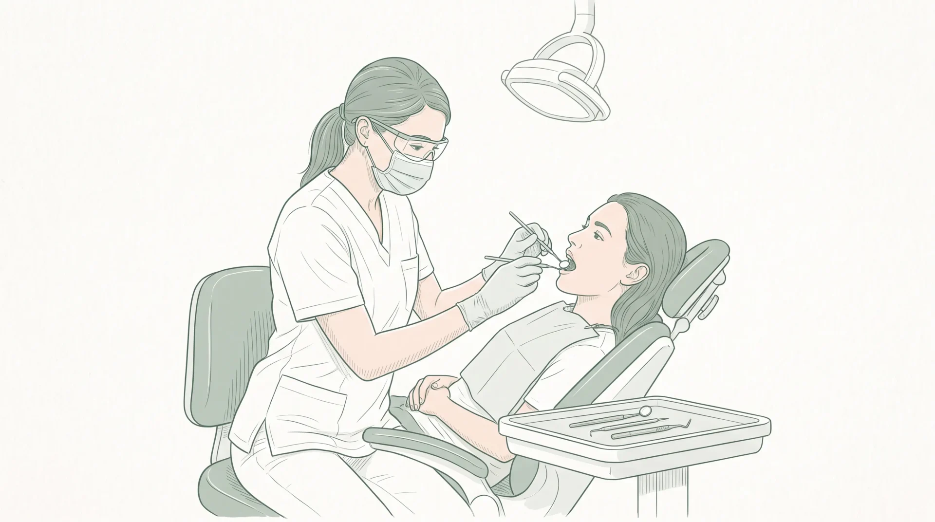A dentist in gloves, mask and protective eyewear checks a patient’s gums with a mirror and periodontal probe in the chair.