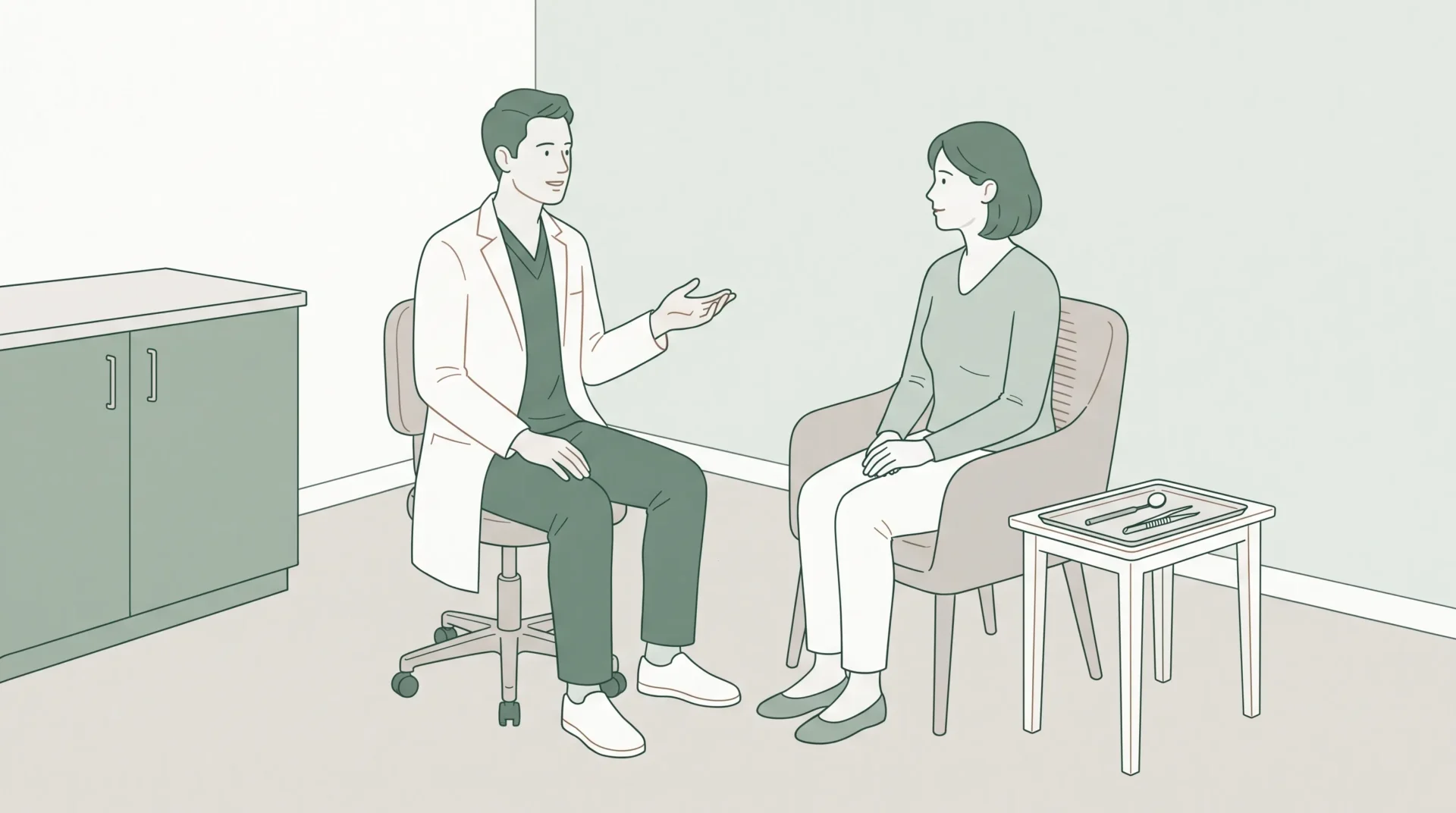 A dentist in proper clinical attire talks calmly with an adult patient in a consultation room, with a small tray holding a dental mirror nearby.