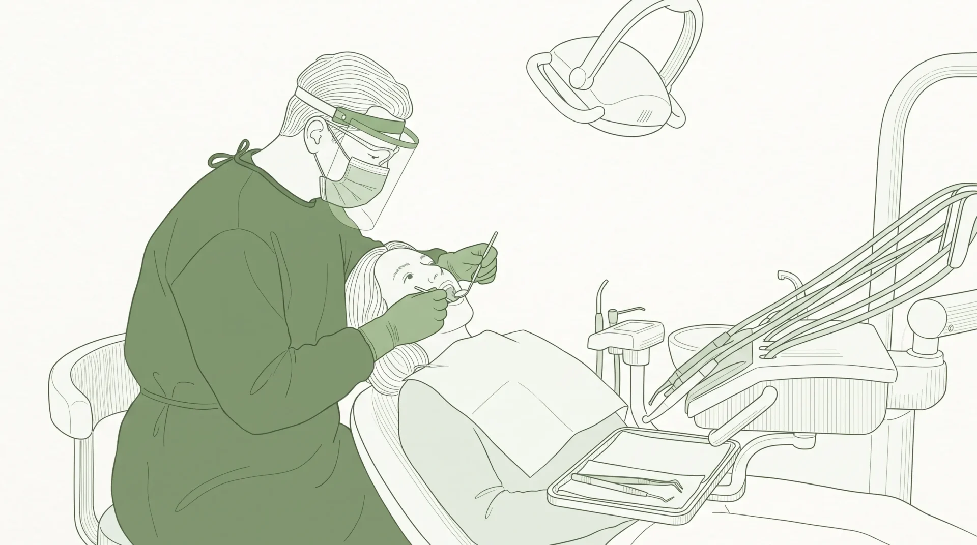 A dentist in proper PPE gently examines an adult patient in a treatment chair during an urgent dental visit.