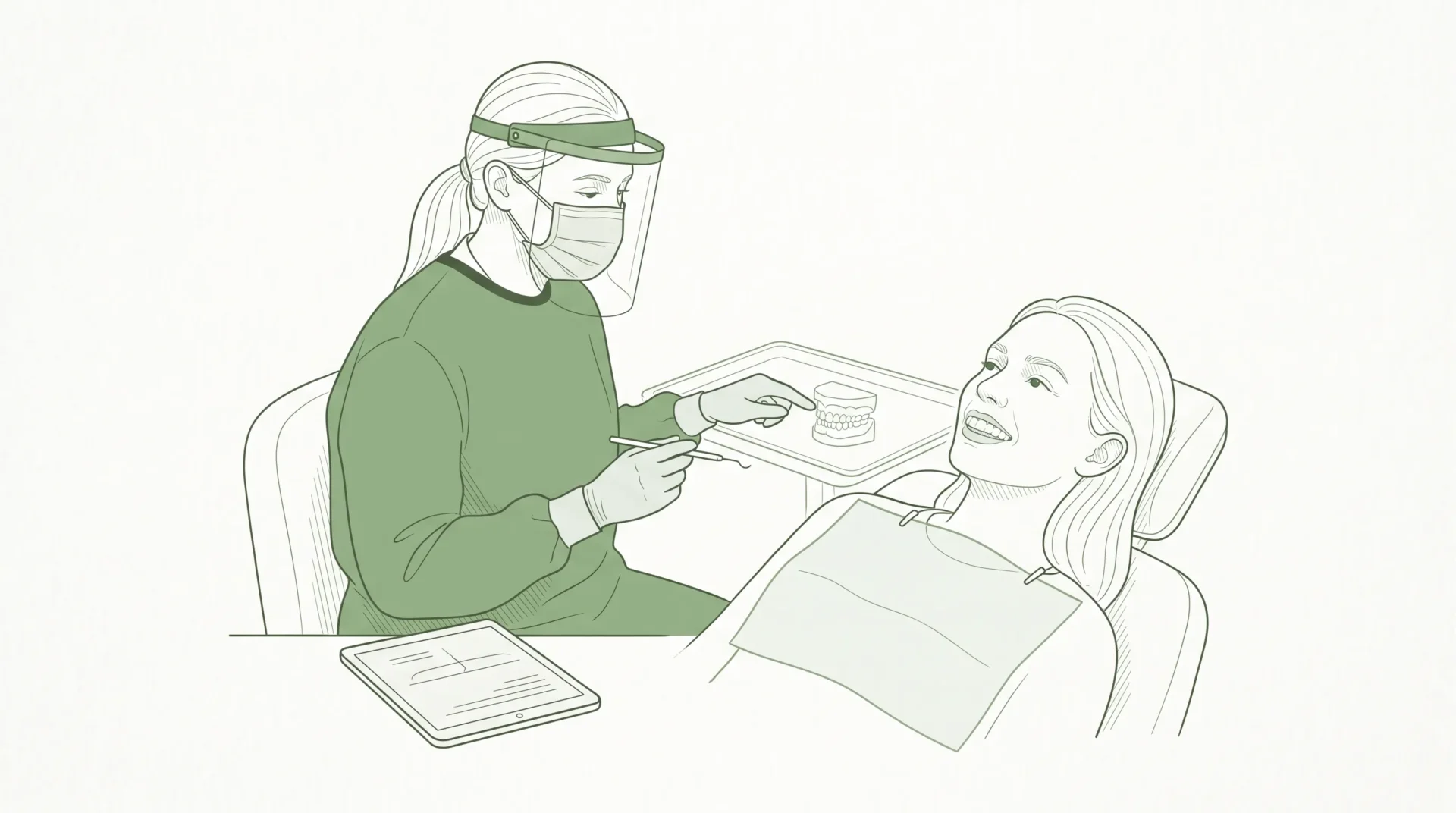A dentist in proper PPE sits beside an adult patient while discussing whitening, with a clear tray fitted over upper teeth.