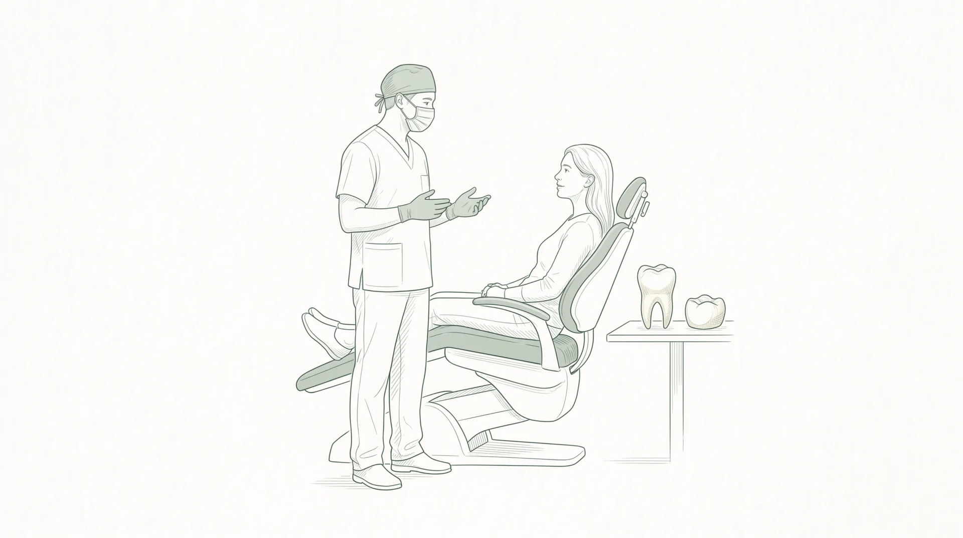 A dentist in scrubs and protective gear speaks with an adult patient beside a chair, with a small tooth and crown study nearby.