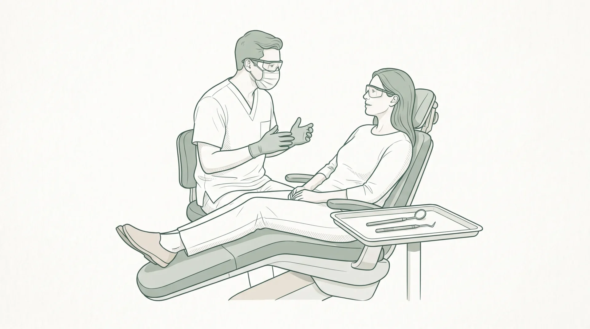 A dentist in scrubs, gloves, mask and protective eyewear speaks with an adult patient in a dental chair, with a dental mirror on a small tray nearby.
