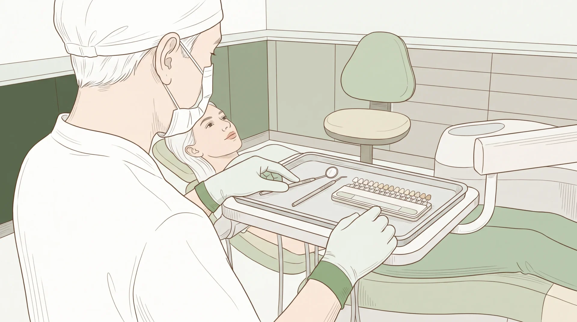 A dentist prepares a mirror and shade guide beside a patient's chair before discussing possible cosmetic treatment.