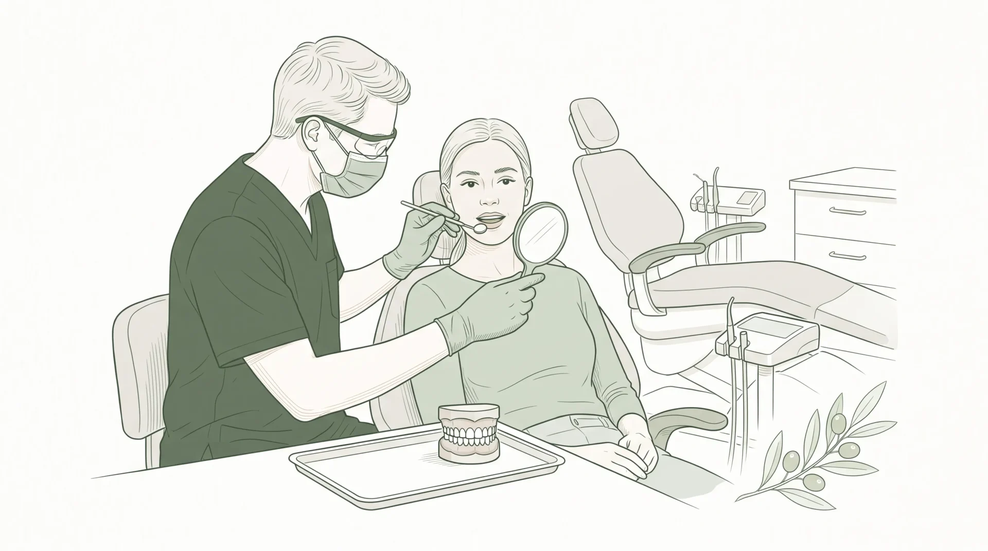 A dentist reviews tooth alignment with a seated patient while holding a mirror and small tooth model during orthodontic planning.
