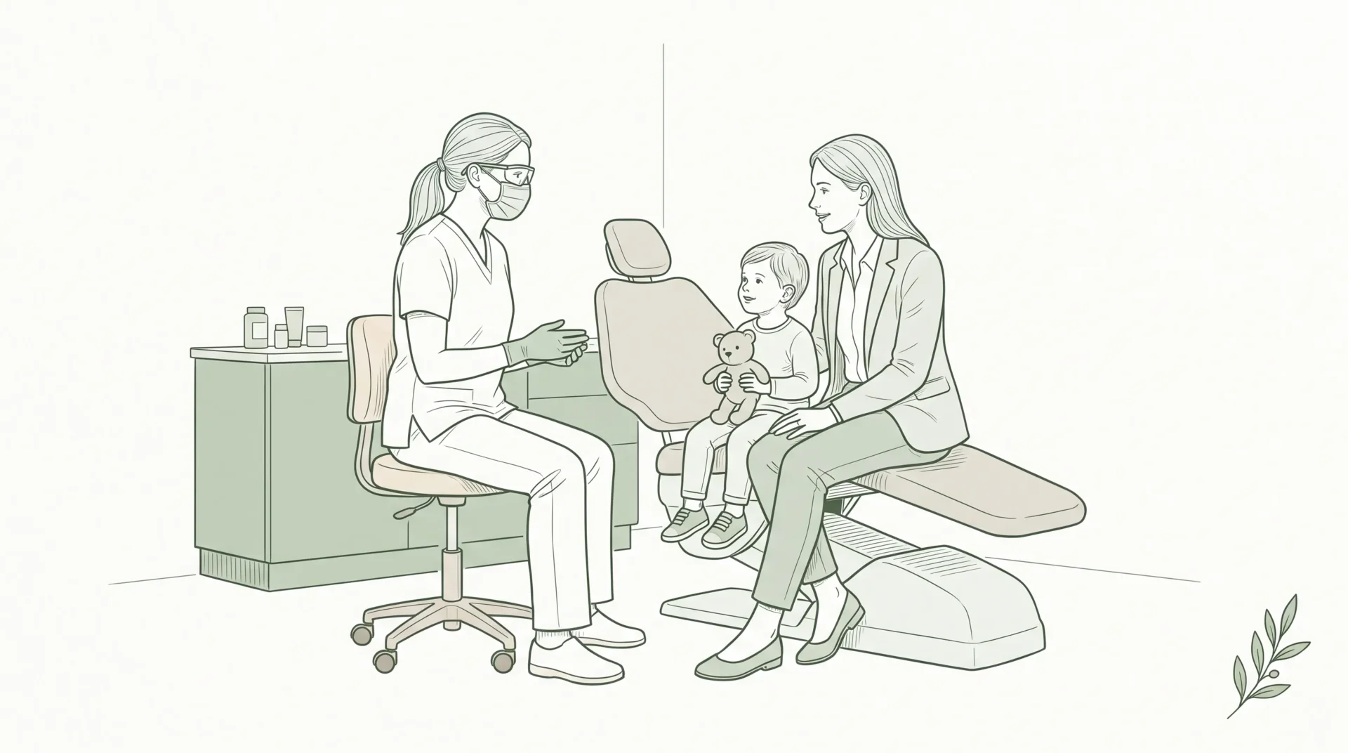 A dentist talks with a parent and child about a family dental centre visit and sensory needs.