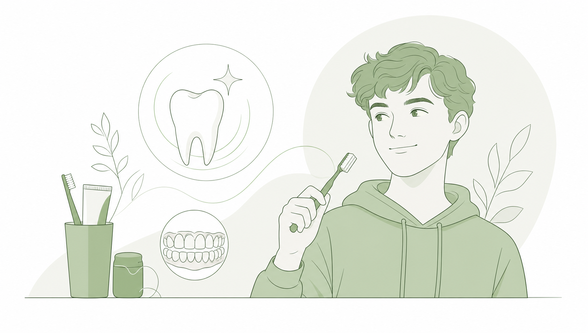 A family dental care scene showing toothbrushes, fluoride toothpaste, floss, a sports mouthguard and a glass of water arranged on a bathroom counter, representing oral health needs for children, teens and adults.