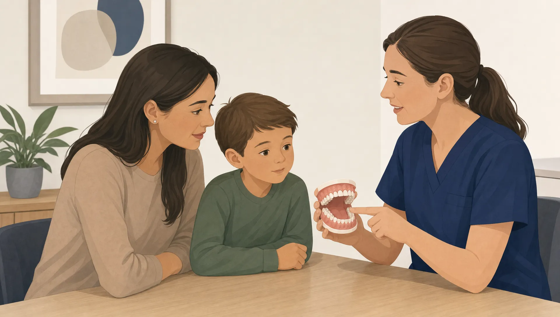 A parent, child and dentist discuss a dental arch model during a family visit.