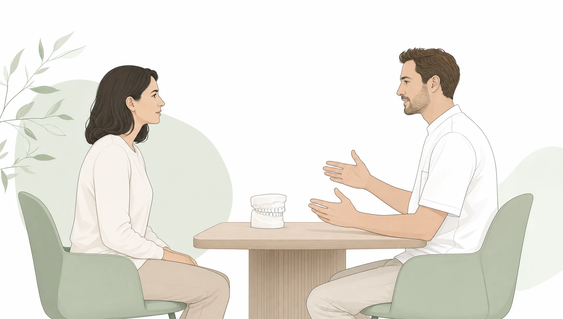 A patient and dentist discuss an oral health concern beside a simple dental arch model.
