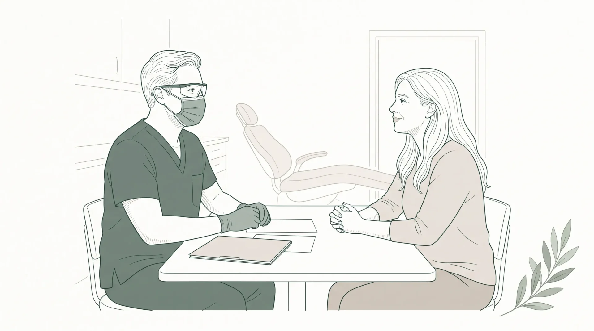 A patient and dentist discuss cosmetic dentistry beside a closed folder and blank estimate sheets.