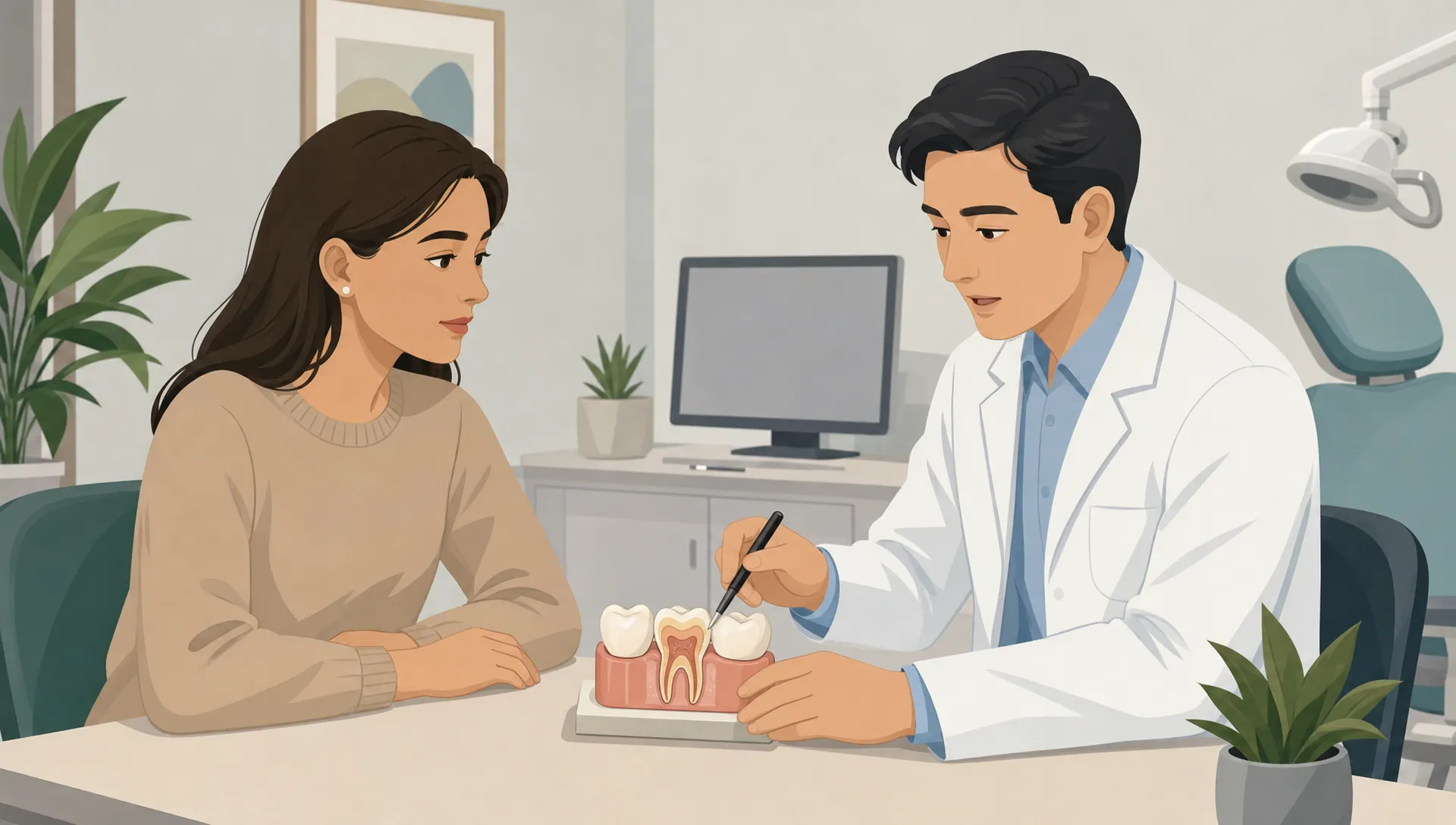 A patient and dentist sit beside a simple dental arch model during a careful consultation.