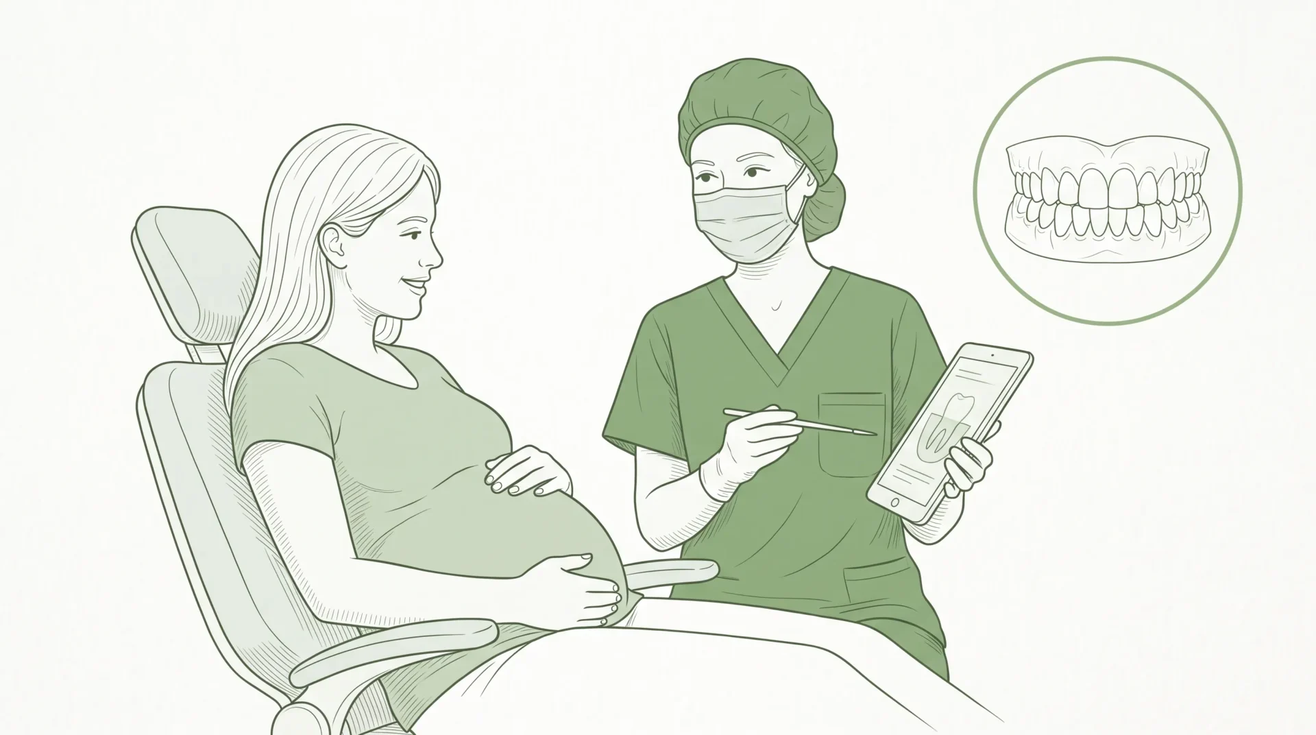 A pregnant patient sits in a dental chair while a clinician discusses oral health and shows healthy gums in a small inset.
