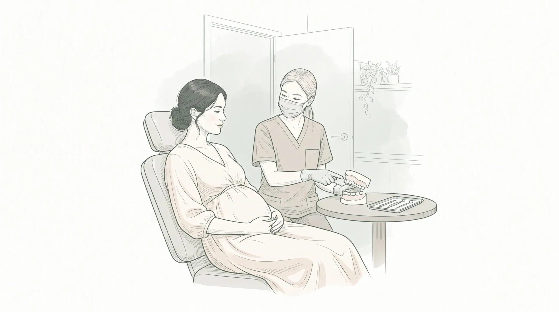 A pregnant patient talks with a dentist beside a dental chair about oral health during pregnancy.