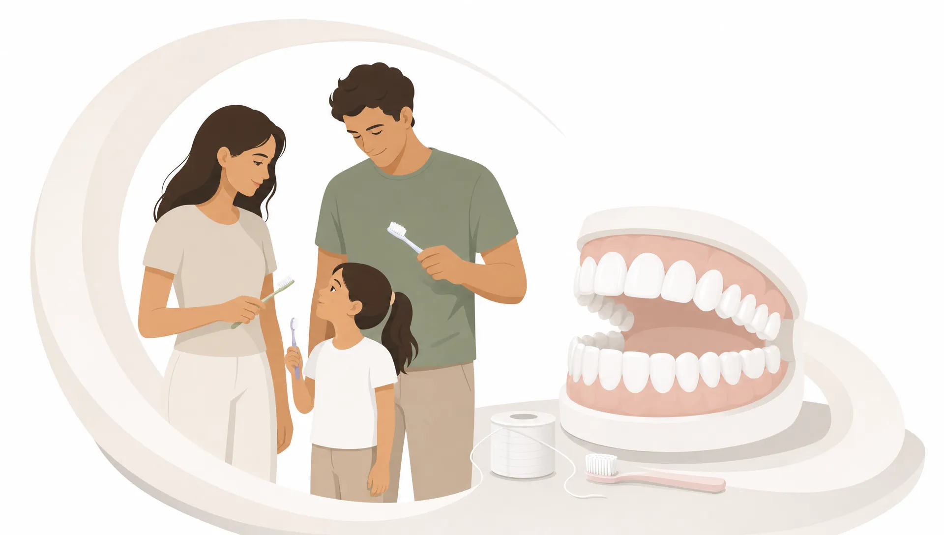 A premium editorial vector illustration of a family dental care routine, showing simplified adult figures with a smaller figure beside natural white dental arches, a small toothbrush and floss motif, and soft protective curved forms on a predominantly white background with generous negative space and no location details.