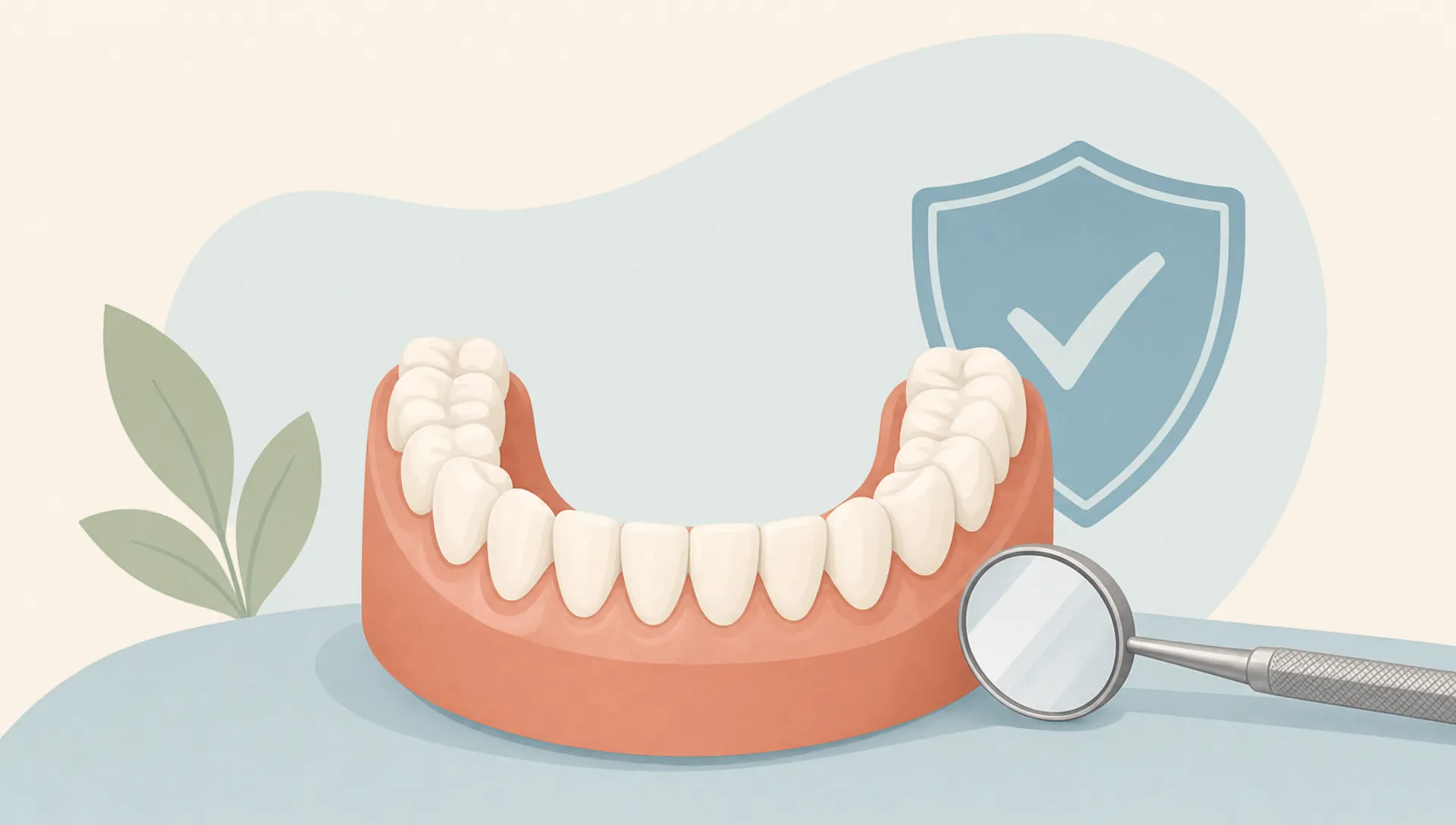 A simplified dental arch with a mirror and gentle protective shapes suggests everyday oral health care.