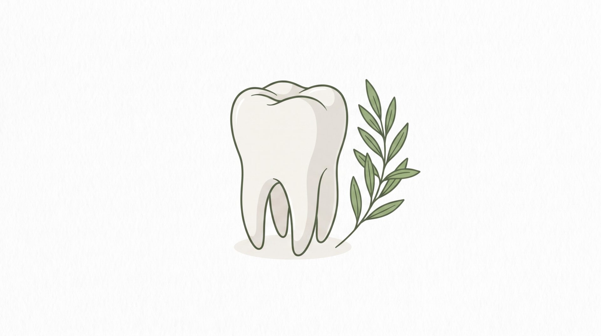 A single standalone tooth model beside a small olive branch, suggesting gentle checks for early gum problems.